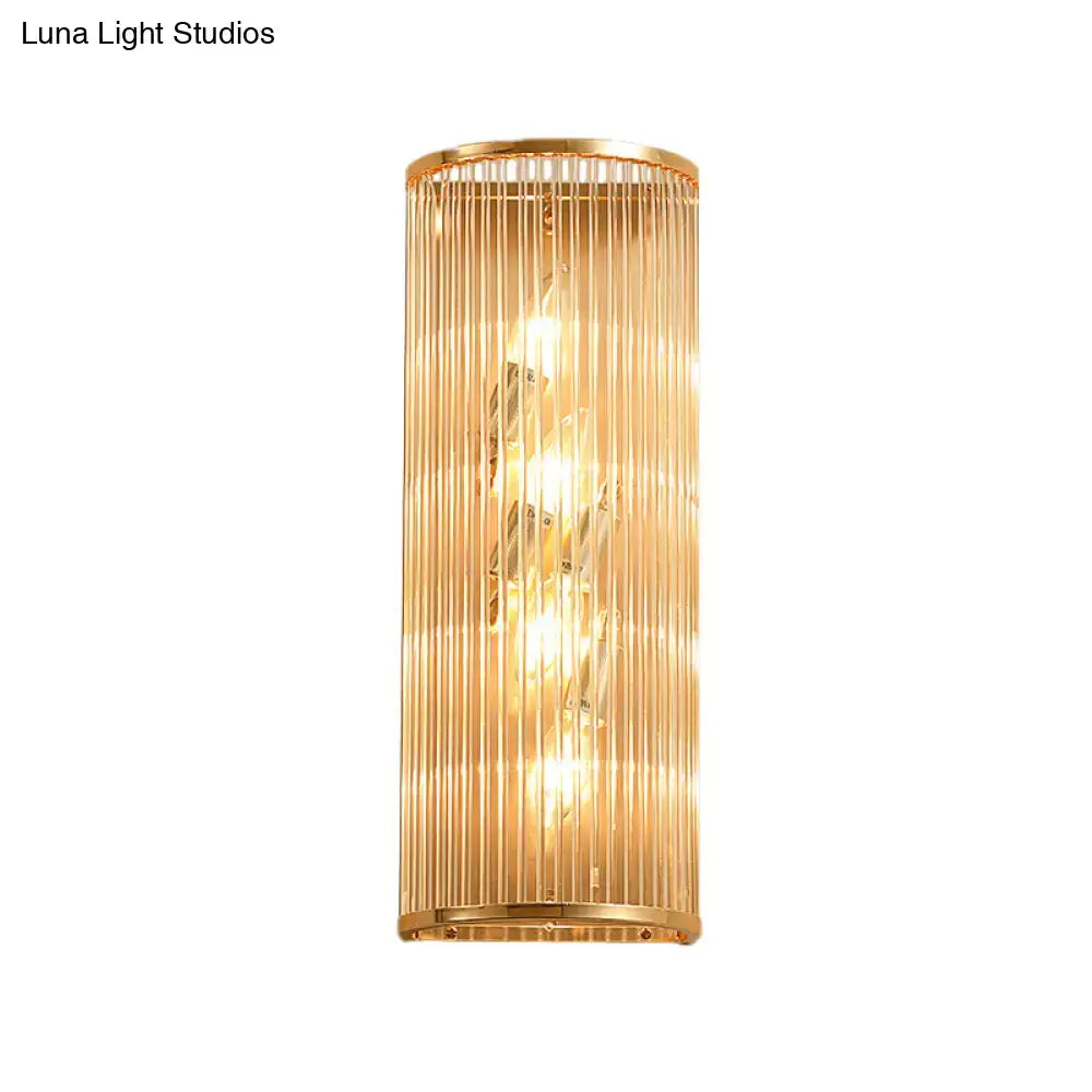 Gold Crystal Cylinder Wall Lamp gold cylindrical sconce with vertical glass rods on Tampa Home & Garden Store