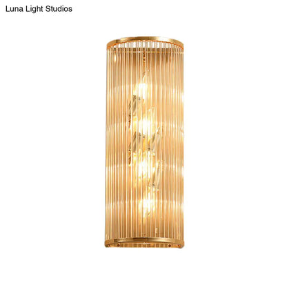 Gold Crystal Cylinder Wall Lamp gold cylindrical sconce with vertical glass rods on Tampa Home & Garden Store