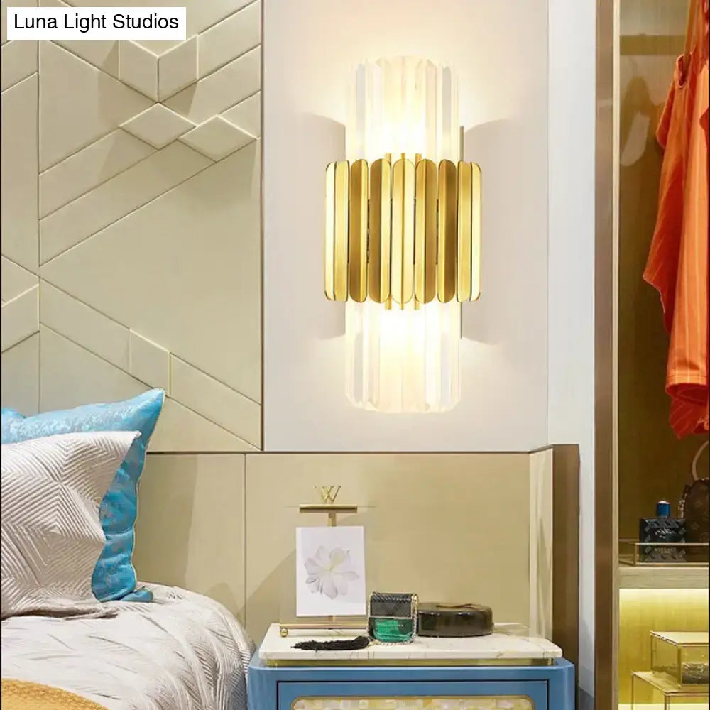 Gold crystal wall mount lamp by Decorbites with vertical glass prisms, gold metal frame on Tampa Home & Garden Store