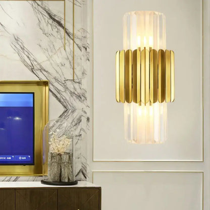 Gold Crystal Wall Mount Lamp by Decorbites with gold metal slats around crystal glass on Tampa Home & Garden Store