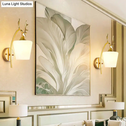 Gold Elk Wall Sconce set of 2 with brass finish and white glass shades by Decorbites on Tampa Home & Garden Store