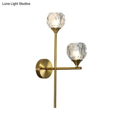 Gold crystal faceted shade wall light with dual brass arms and round wall mount on Tampa Home & Garden Store