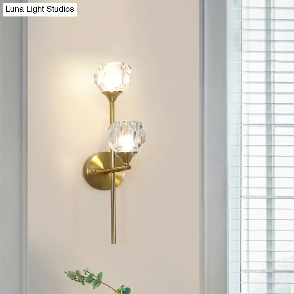 Gold crystal faceted shade wall light by Decorbites, two-light brass sconce on Tampa Home & Garden Store