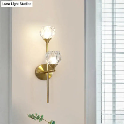 Gold crystal faceted shade wall light by Decorbites, two-light brass sconce on Tampa Home & Garden Store