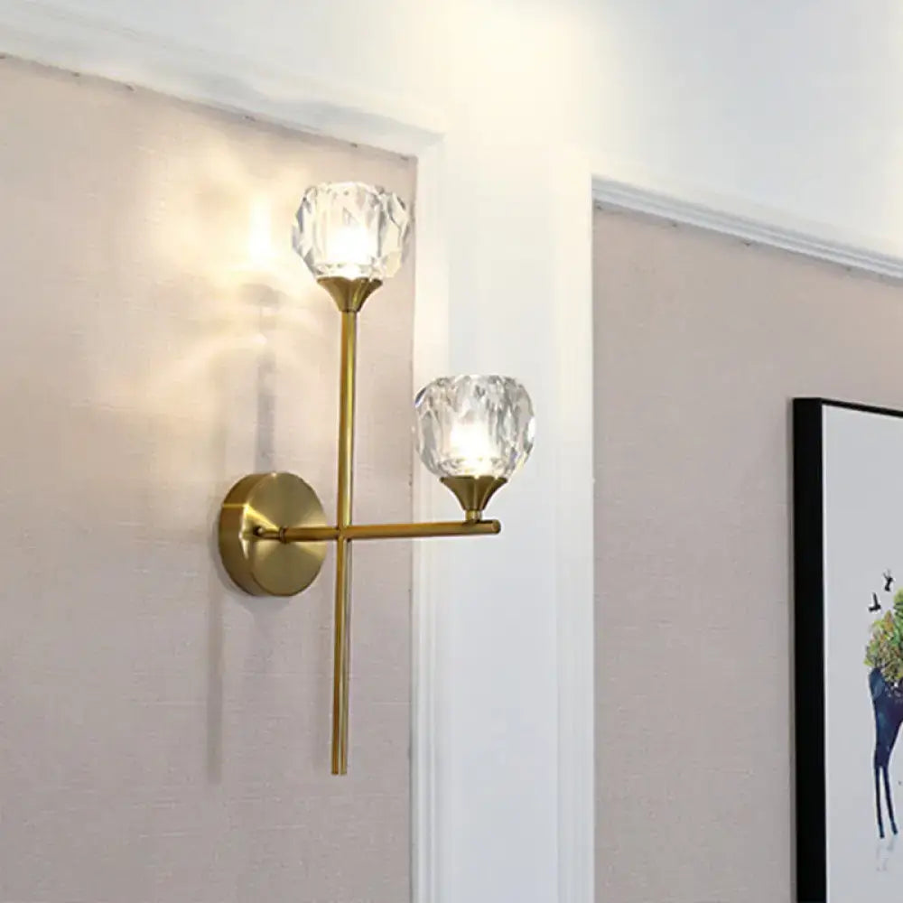 Gold crystal facet shade wall light with brass finish, two crystal shades, dual-arm sconce on Tampa Home & Garden Store