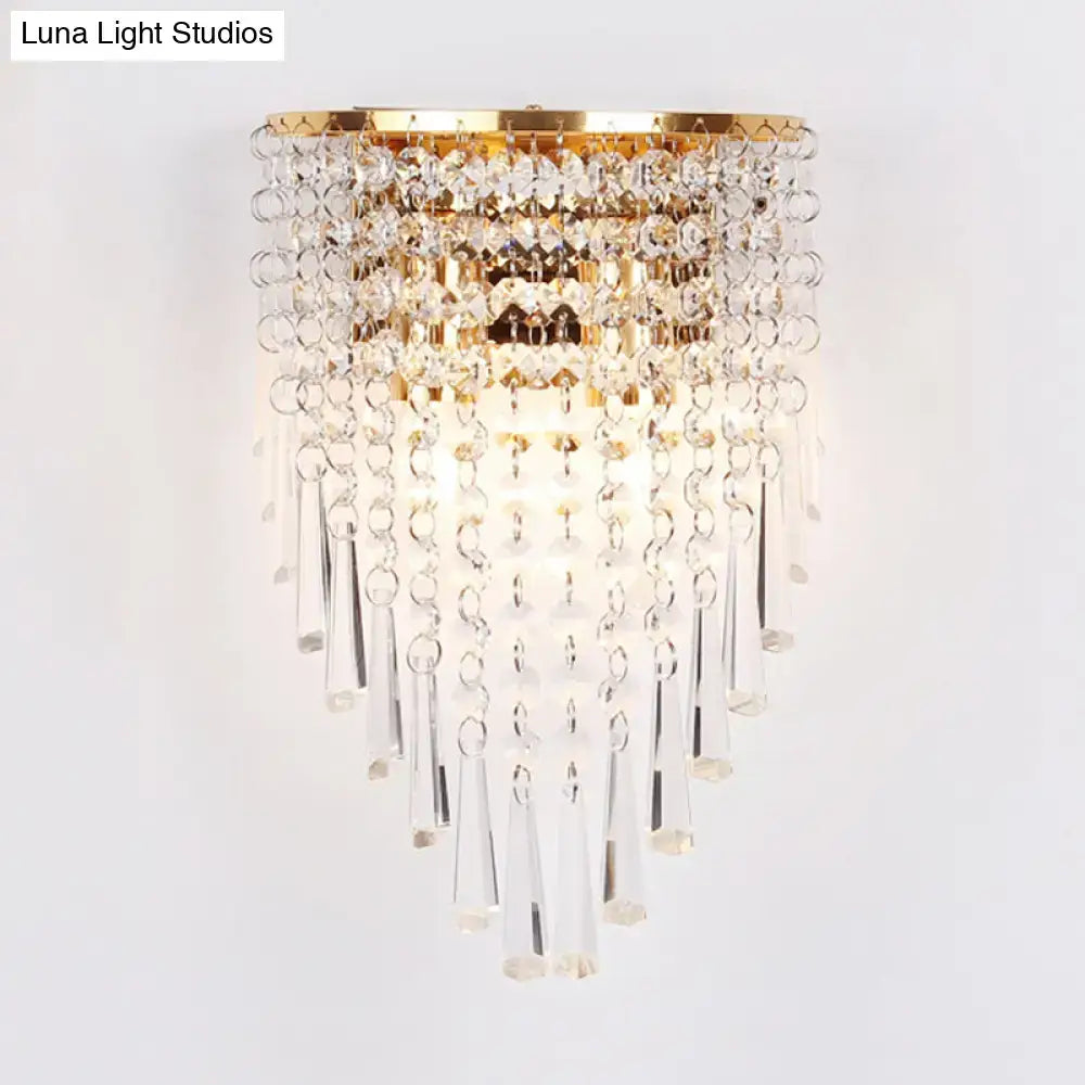 Gold Crystal Two-Bulb Wall Sconce Decorbites with gold-tone frame and cascading prisms on Tampa Home & Garden Store