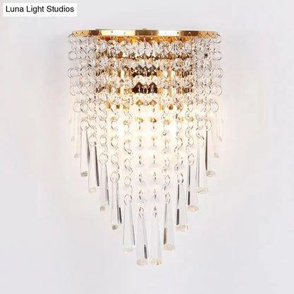 Gold Crystal Two-Bulb Wall Sconce Decorbites with gold-tone frame and cascading prisms on Tampa Home & Garden Store