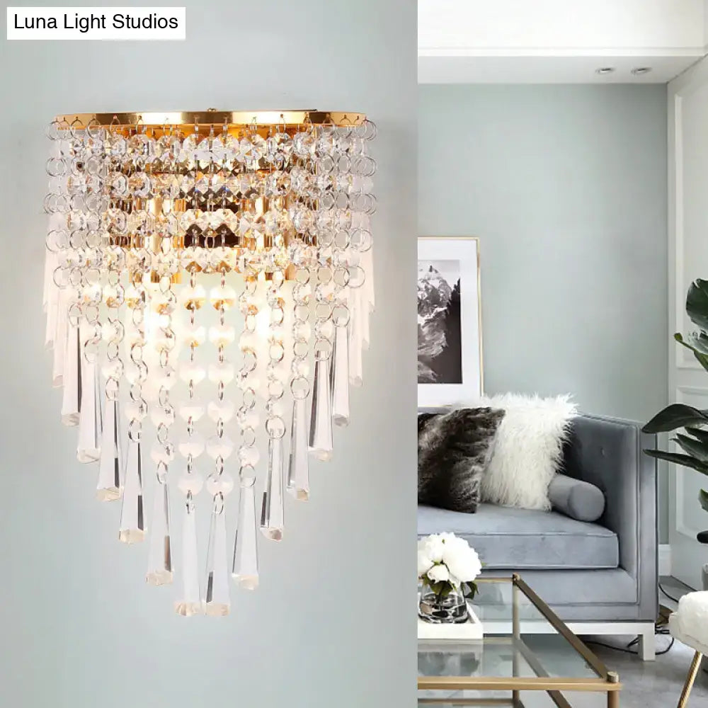 Decorbites Gold Crystal Two-Bulb Wall Sconce with hanging crystal strands on Tampa Home & Garden Store