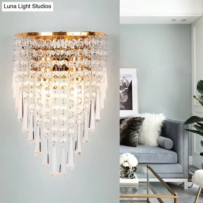 Decorbites Gold Crystal Two-Bulb Wall Sconce with hanging crystal strands on Tampa Home & Garden Store