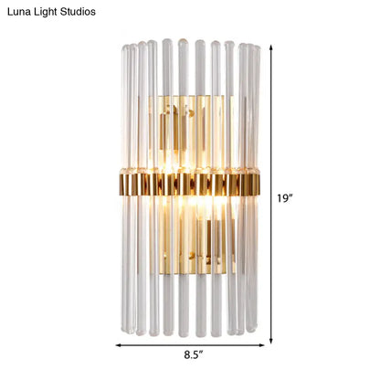 Gold Cylinder Crystal Sconce with glass rods and gold band, Decorbites, 19 tall, 8.5 wide on Tampa Home & Garden Store