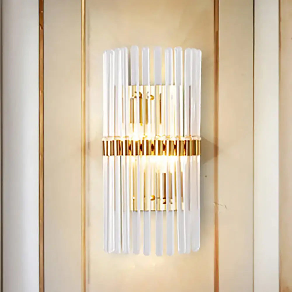 Gold cylinder crystal sconce with white glass rods and gold band Decorbites, wall mounted on Tampa Home & Garden Store
