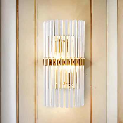 Gold cylinder crystal sconce with white glass rods and gold band Decorbites, wall mounted on Tampa Home & Garden Store