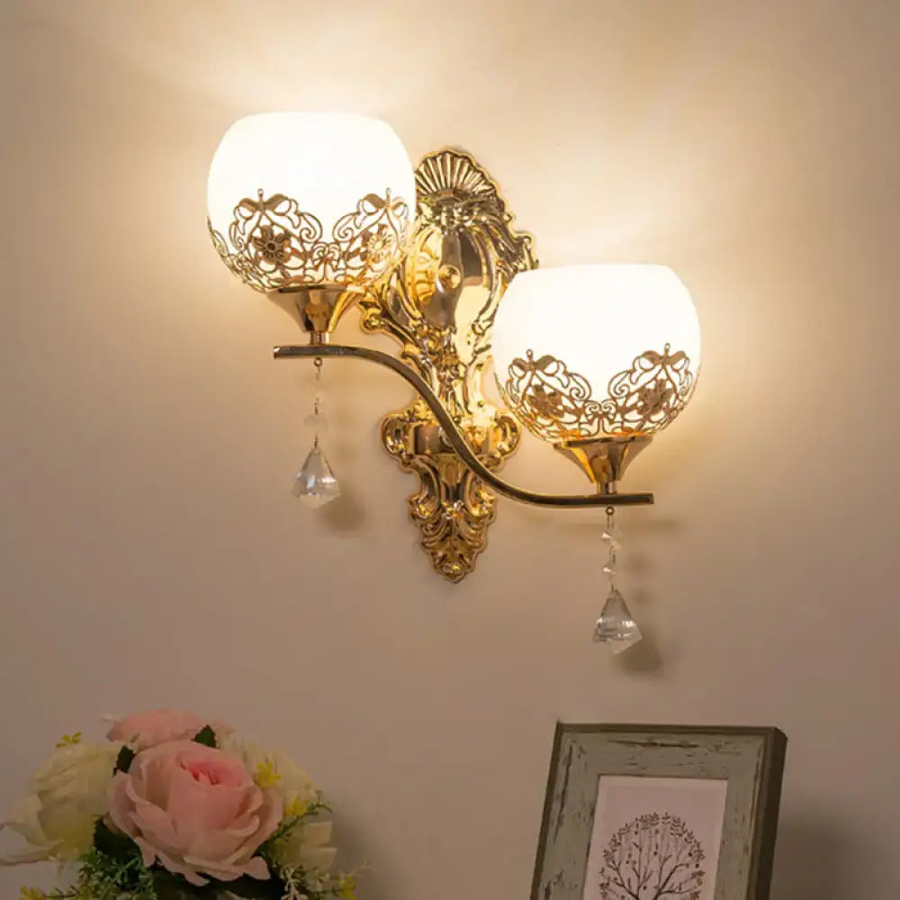Decorbites gold dome crystal dual-bulb sconce with backplate and hanging drops on Tampa Home & Garden Store