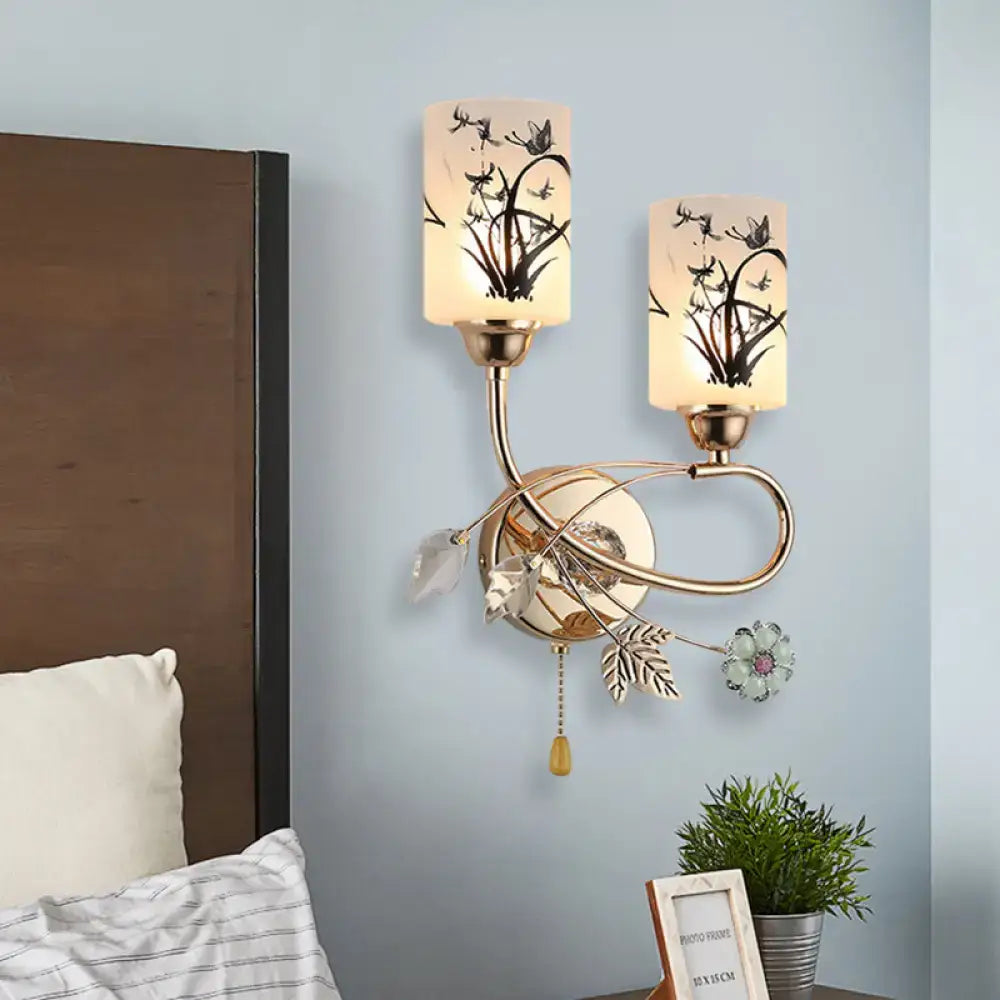 Gold Floral Cast Iron Wall Sconce by Decorbites, dual-arm with frosted glass shades on Tampa Home & Garden Store