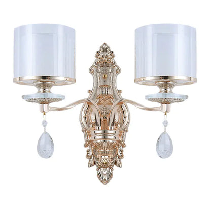 Gold Crystal Double Cylinder Wall Sconce Decorbites with dual arms and white drum shades on Tampa Home & Garden Store