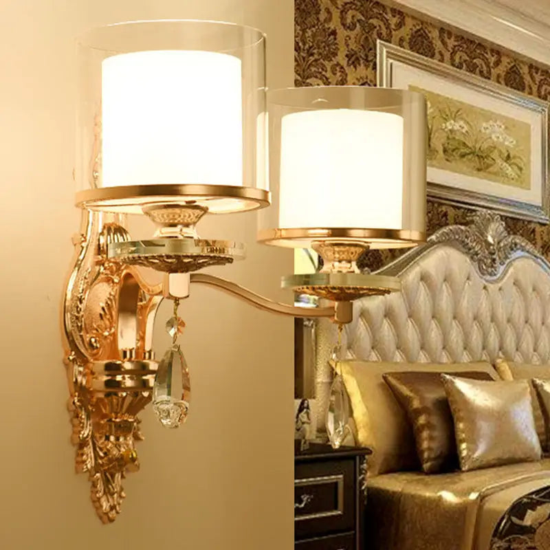 Gold Crystal Double Cylinder Wall Sconce with twin frosted glass shades and crystal accents on Tampa Home & Garden Store