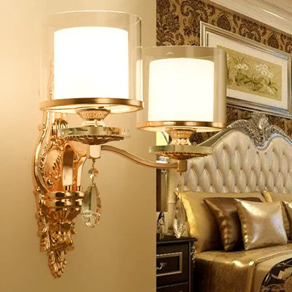 Gold Crystal Double Cylinder Wall Sconce with twin frosted glass shades and crystal accents on Tampa Home & Garden Store