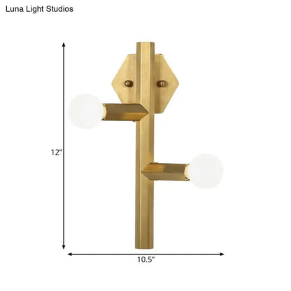 Gold vertical tube wall light sconce with two frosted globe bulbs in brass finish by Decorbites on Tampa Home & Garden Store