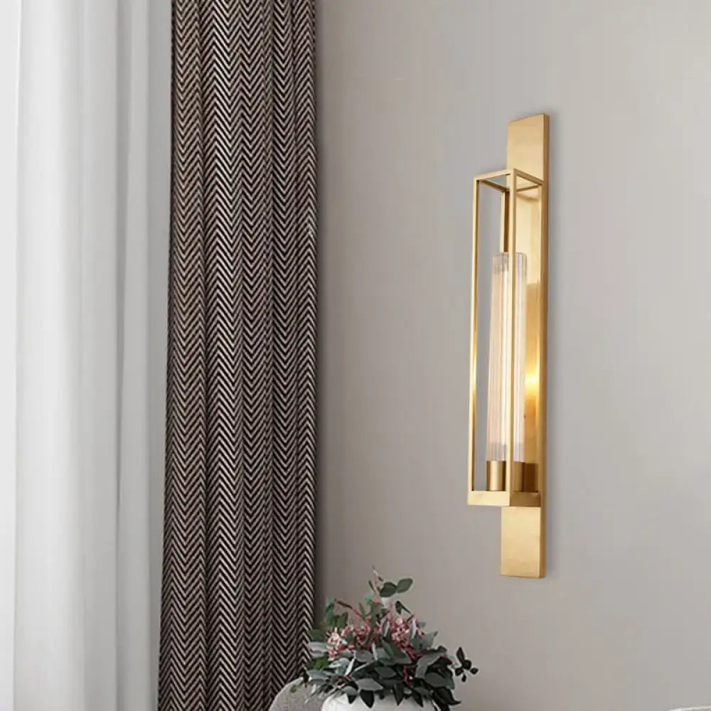 Gold ribbed wall lamp by Decorbites, brass wall sconce with glass tube in a rectangular frame on Tampa Home & Garden Store