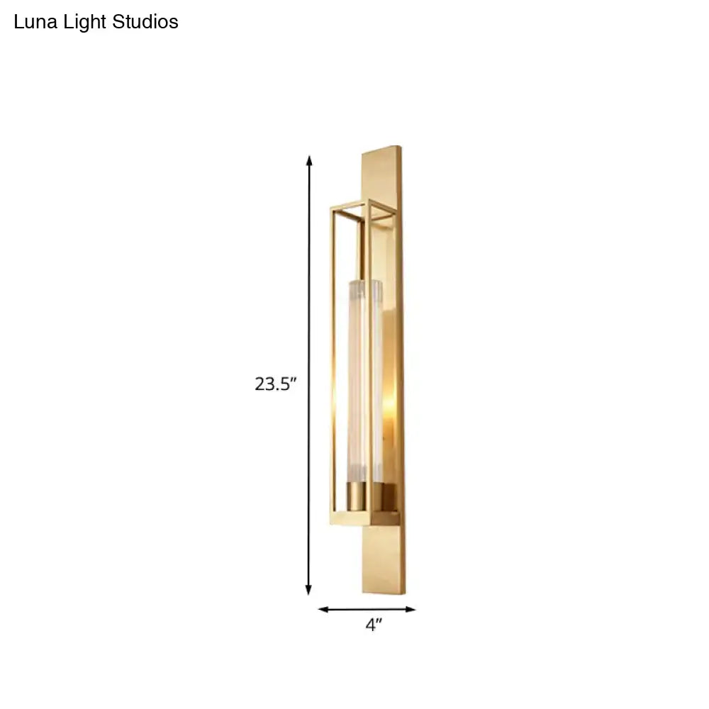 Gold ribbed wall lamp by Decorbites; gold metal backplate with glass tube, 23.5in tall on Tampa Home & Garden Store