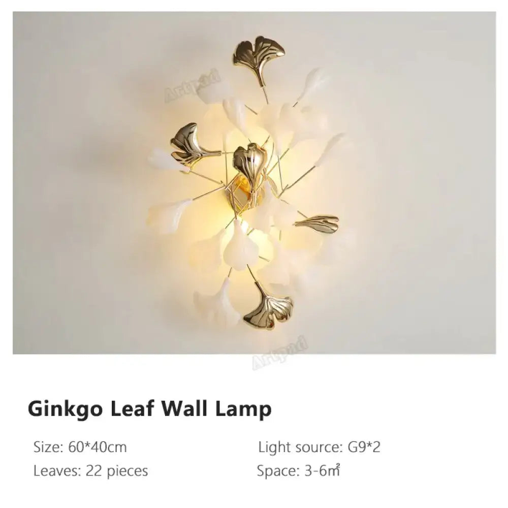 Gold Ginkgo Porcelain Sconce wall lamp by Decorbites, 60x40cm, 22 leaves, dual G9 lights on Tampa Home & Garden Store