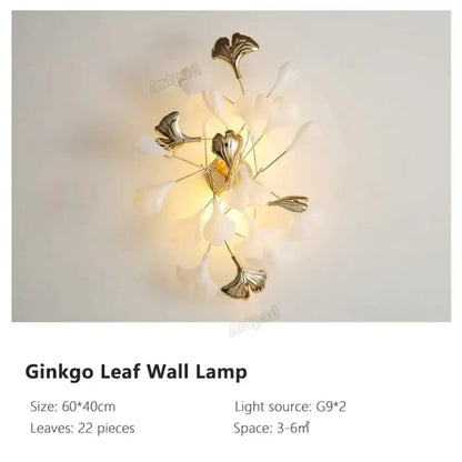 Gold Ginkgo Porcelain Sconce wall lamp by Decorbites, 60x40cm, 22 leaves, dual G9 lights on Tampa Home & Garden Store