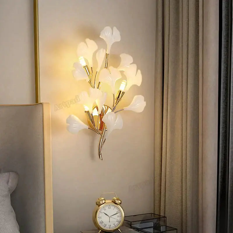 Gold Ginkgo Porcelain Sconce by Decorbites with white leaf shades on gold branches on Tampa Home & Garden Store