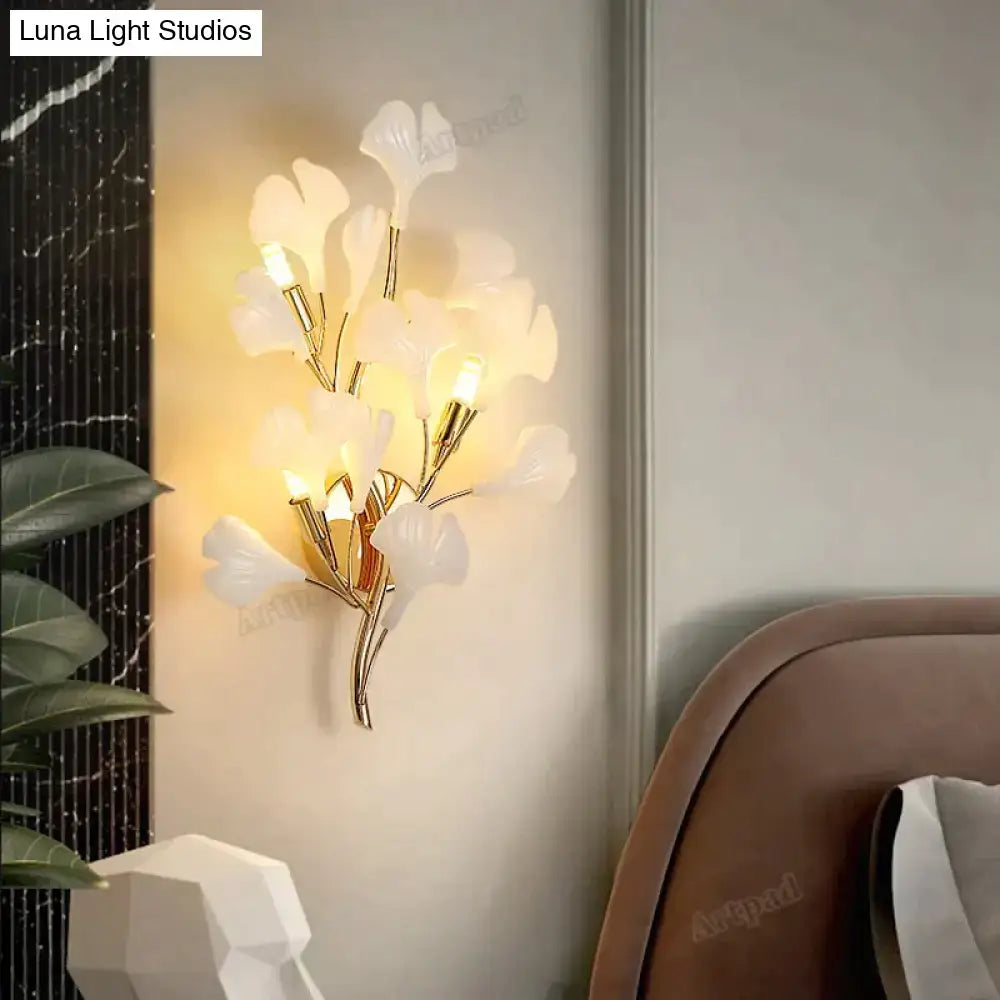 Gold Ginkgo porcelain wall sconce Decorbites with white leaves on Tampa Home & Garden Store