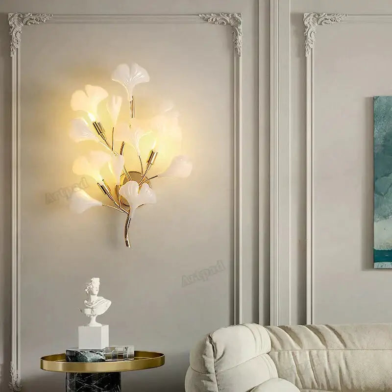 Gold Ginkgo Porcelain Sconce by Decorbites with gold stems and white porcelain leaves on Tampa Home & Garden Store