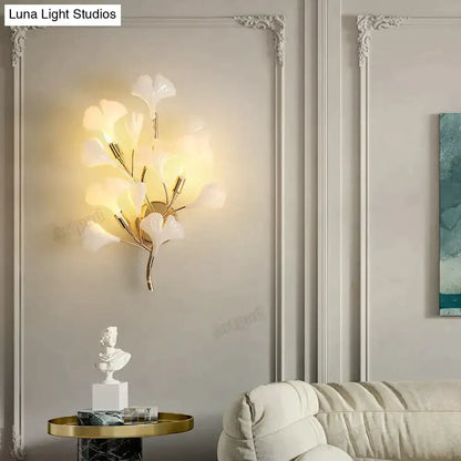 Gold Ginkgo Porcelain Sconce; Decorbites wall light with gold branches and leaves glow on Tampa Home & Garden Store