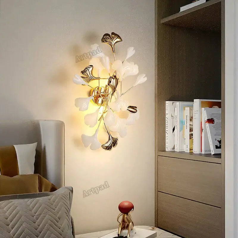 Gold Ginkgo Porcelain Sconce wall light with porcelain floral leaves and gold finish Decorbites on Tampa Home & Garden Store