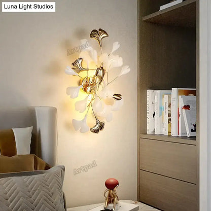 Gold Ginkgo Porcelain Sconce wall light with gold botanical leaves and white porcelain petals on Tampa Home & Garden Store