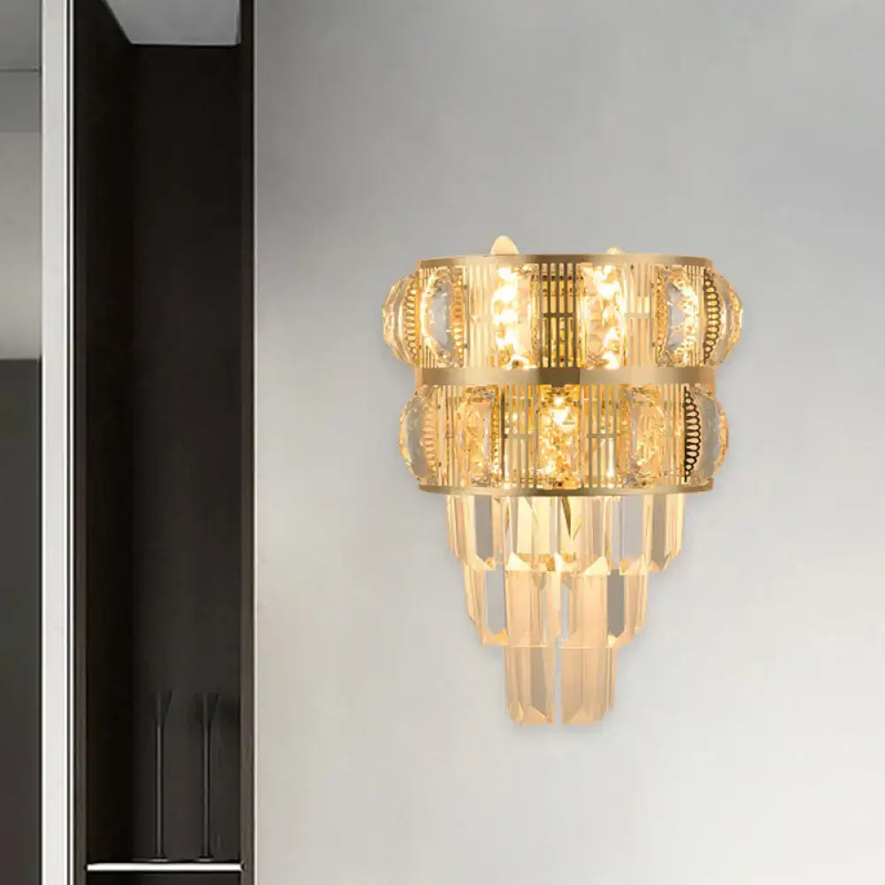 Decorbites Gold Crystal Layered K9 Wall Sconce with gold-tone frame and hanging prisms on Tampa Home & Garden Store