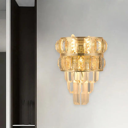Decorbites Gold Crystal Layered K9 Wall Sconce with gold-tone frame and hanging prisms on Tampa Home & Garden Store