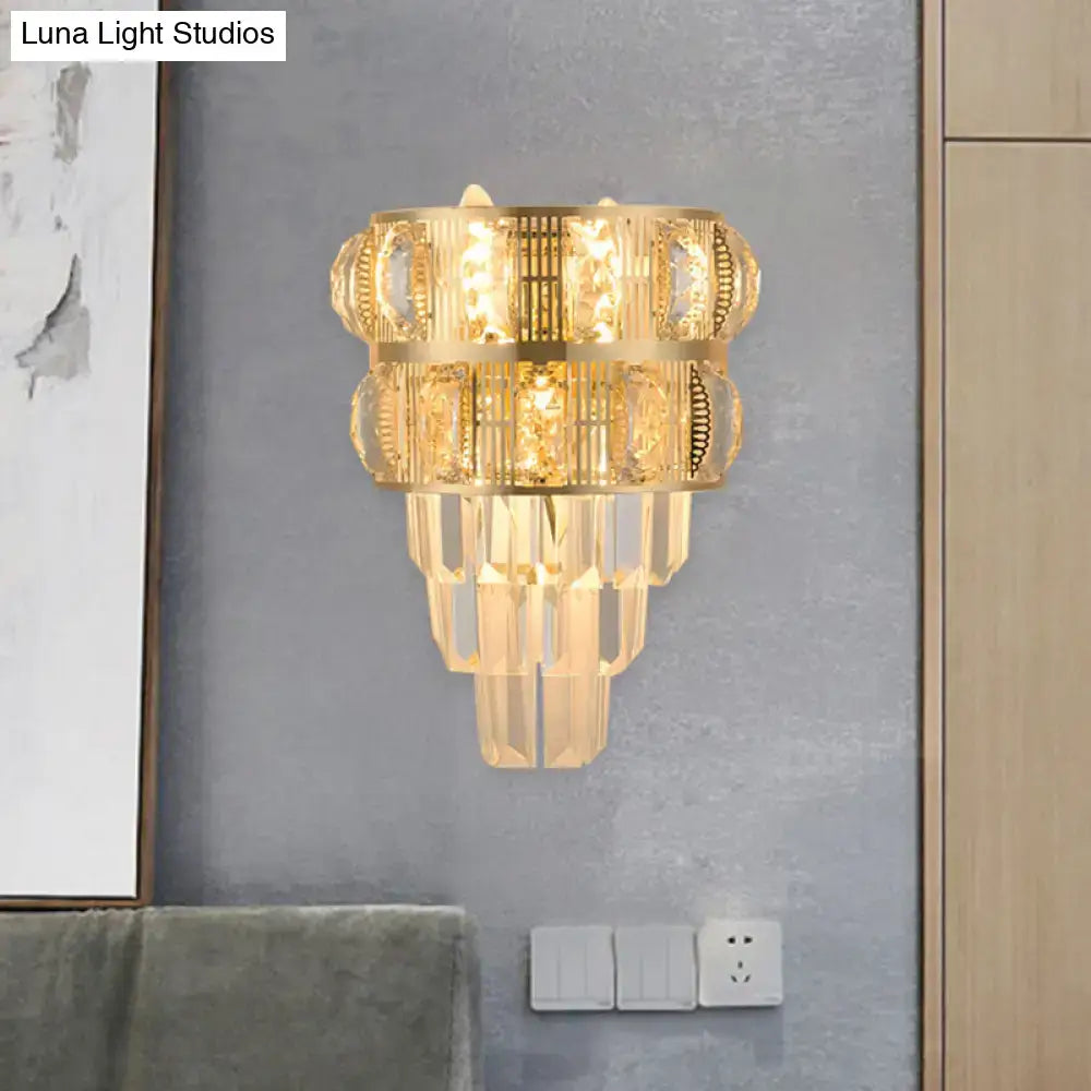 Gold Crystal Layered K9 Wall Sconce by Decorbites with hanging crystal prisms on Tampa Home & Garden Store