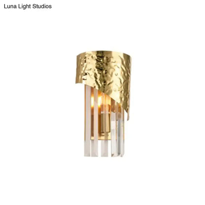 Gold crystal block sconce with hammered brass shade and hanging crystals, LED accent light on Tampa Home & Garden Store