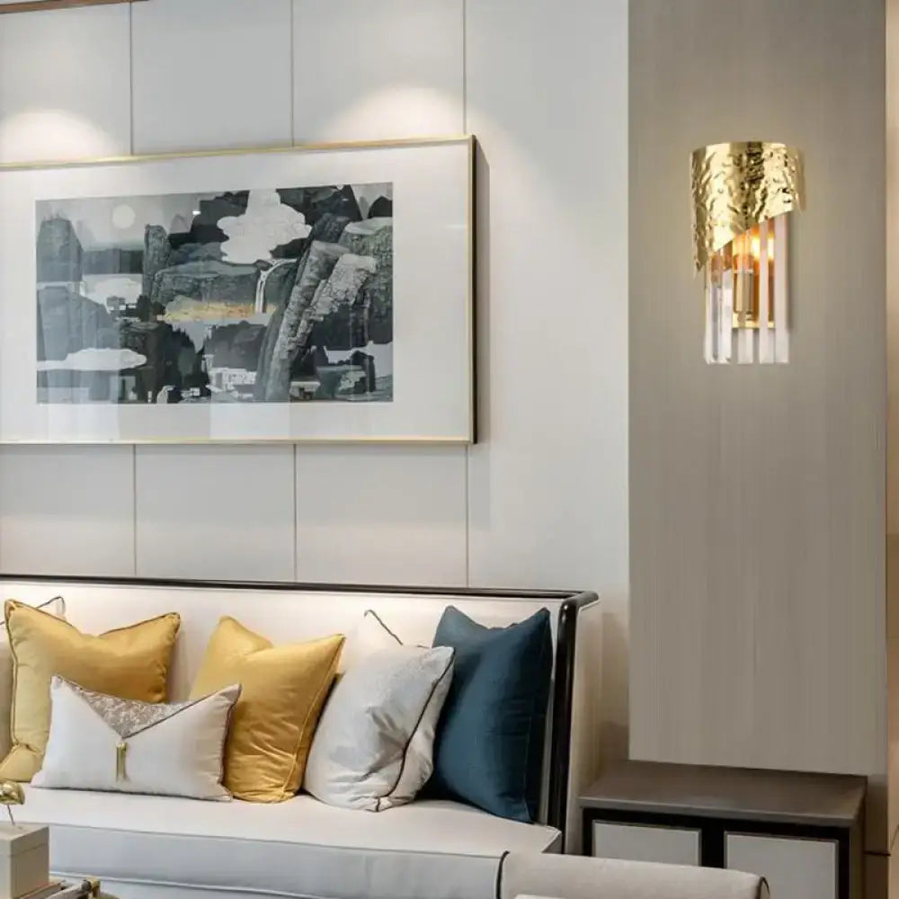 Gold Crystal Block Sconce LED Lighting, metal with crystal prisms, wall mounted on Tampa Home & Garden Store