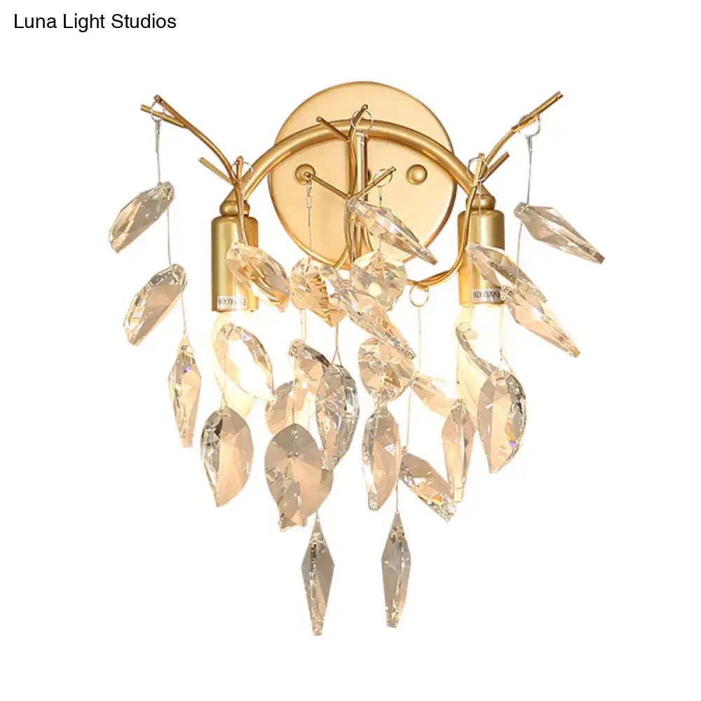 Gold crystal leaf-shaped wall lamp sconce with cascading faceted crystals, Decorbites on Tampa Home & Garden Store