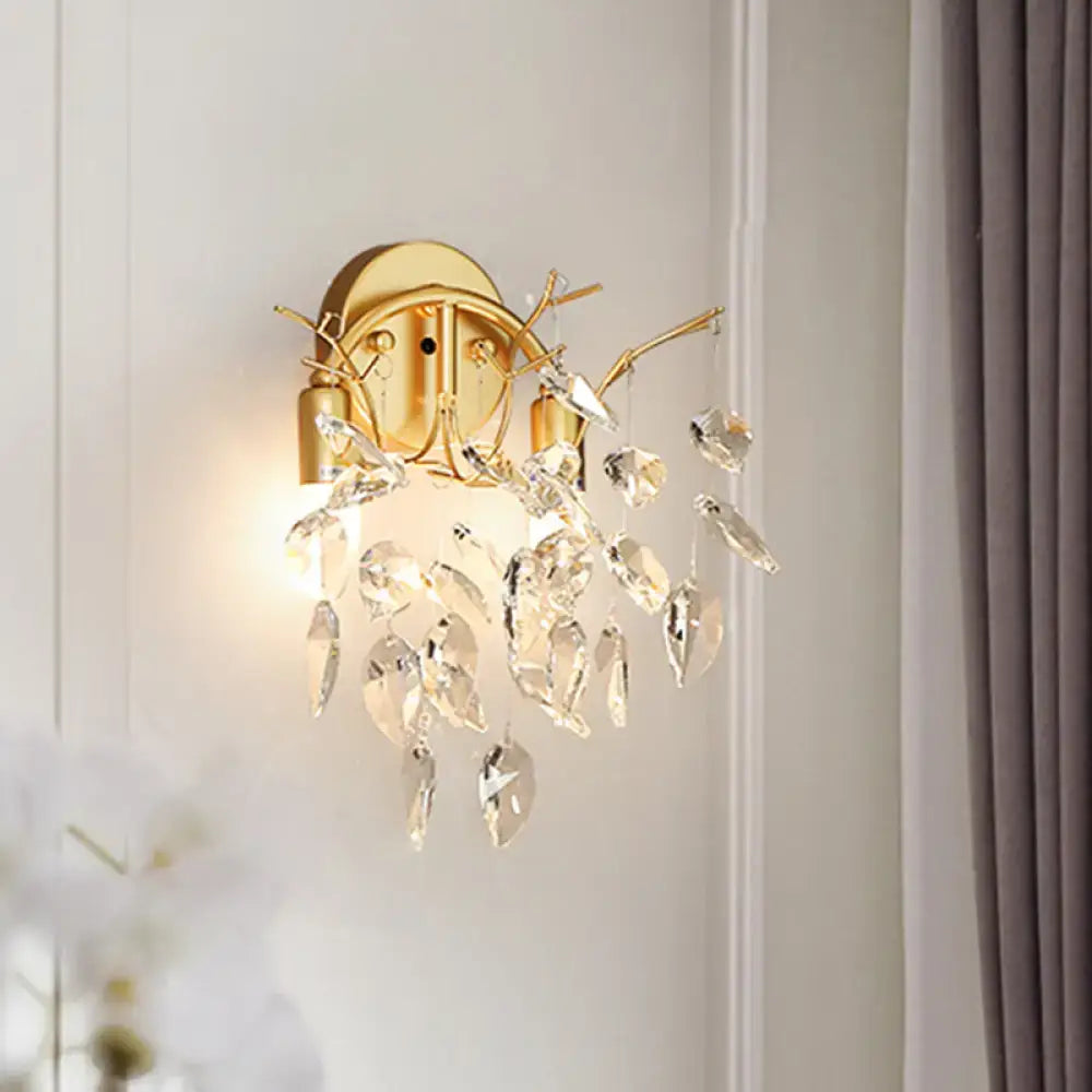Gold crystal leaf shaped wall lamp sconce with hanging crystal prisms by Decorbites on Tampa Home & Garden Store