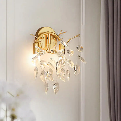 Gold crystal leaf shaped wall lamp sconce with hanging crystal prisms by Decorbites on Tampa Home & Garden Store