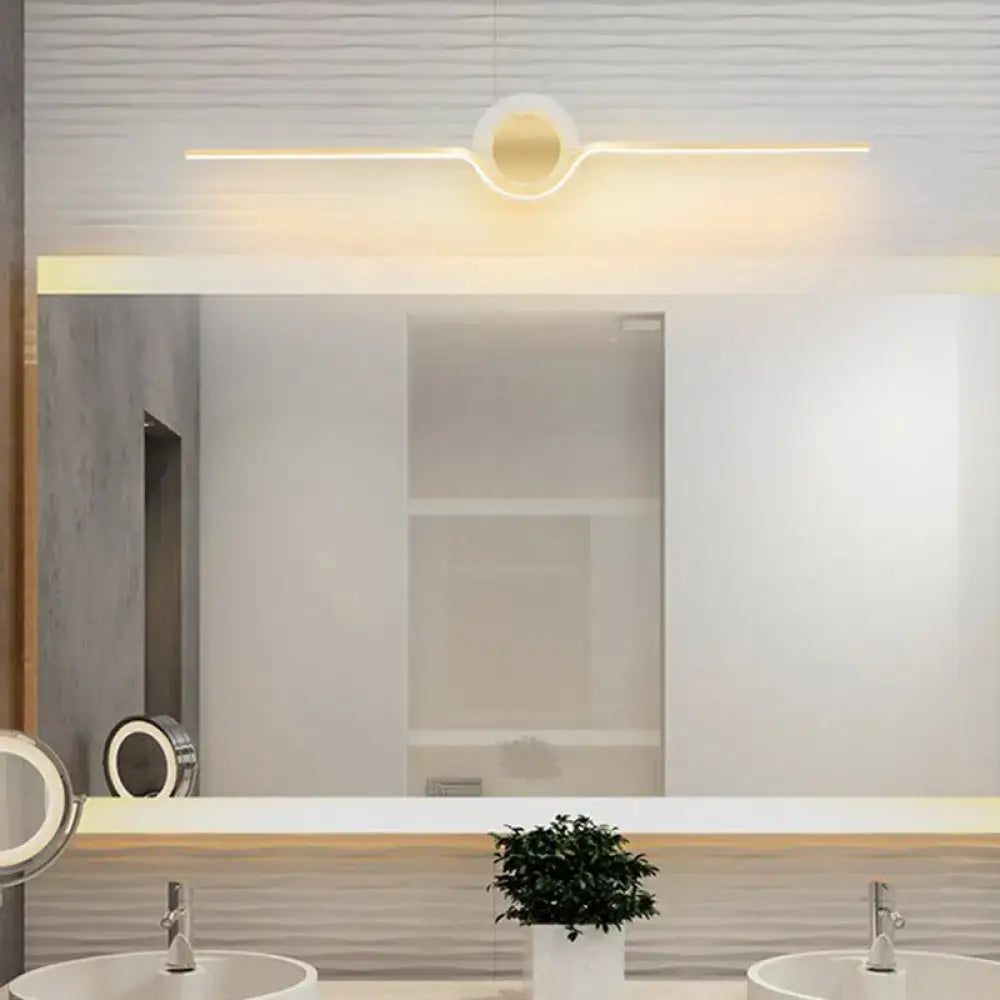 Modern gold linear LED bathroom wall sconce with circular center hub and max bulb on Tampa Home & Garden Store