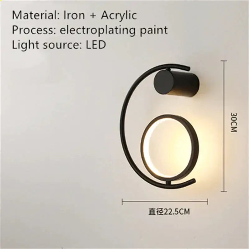 Decorbites wall light black iron circular LED ring bedside sconce, 22.5cm dia, 30cm tall on Tampa Home & Garden Store