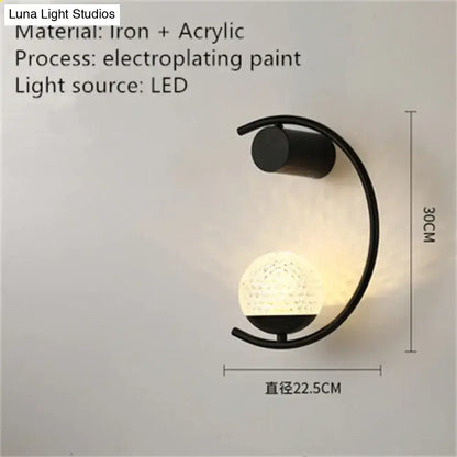 Wall light black crescent with curved arc and textured glass globe LED sconce 30 cm tall on Tampa Home & Garden Store