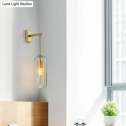 Gold Mesh Wall Sconce with clear glass cylinder shade, brass finish, Decorbites on Tampa Home & Garden Store