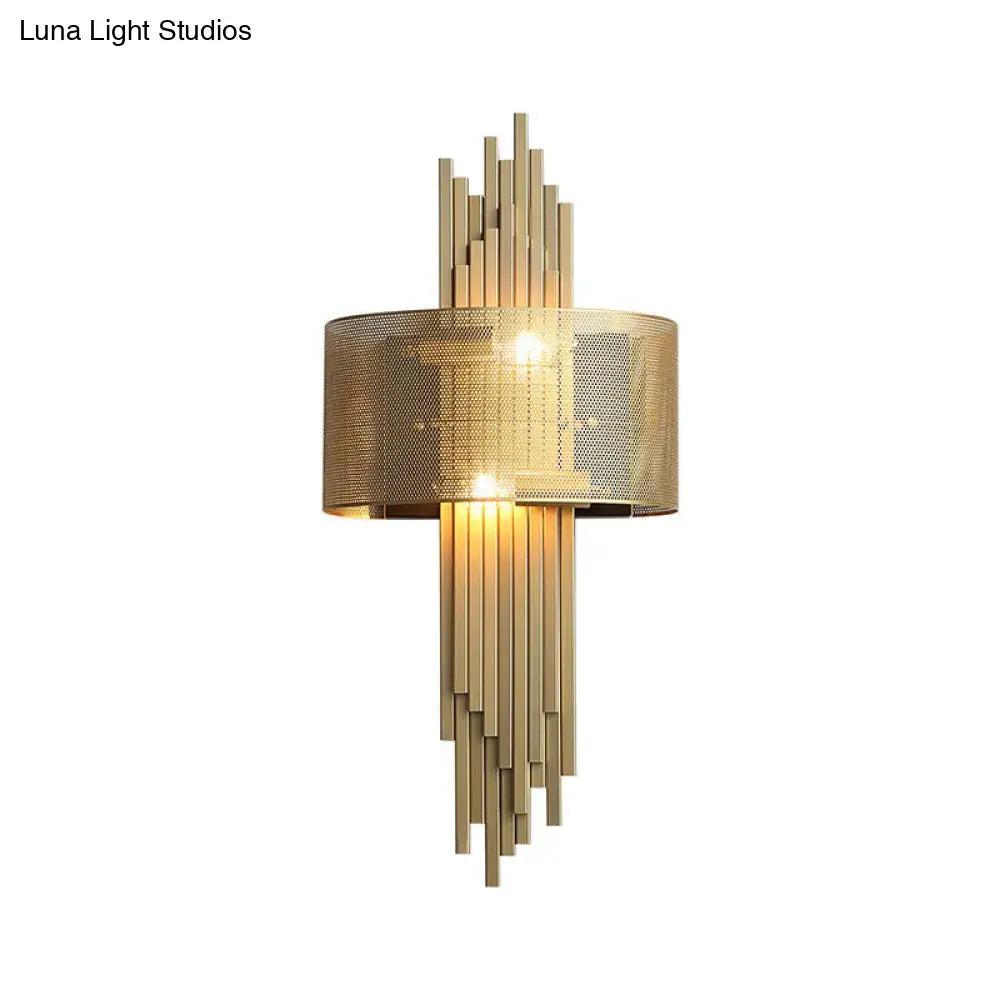 Gold Mesh Dual-Head Sconce Lamp by Decorbites, gold mesh shade with sunburst metal accents on Tampa Home & Garden Store