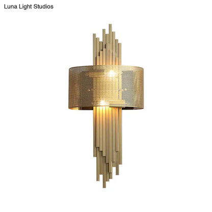 Gold Mesh Dual-Head Sconce Lamp by Decorbites, gold mesh shade with sunburst metal accents on Tampa Home & Garden Store