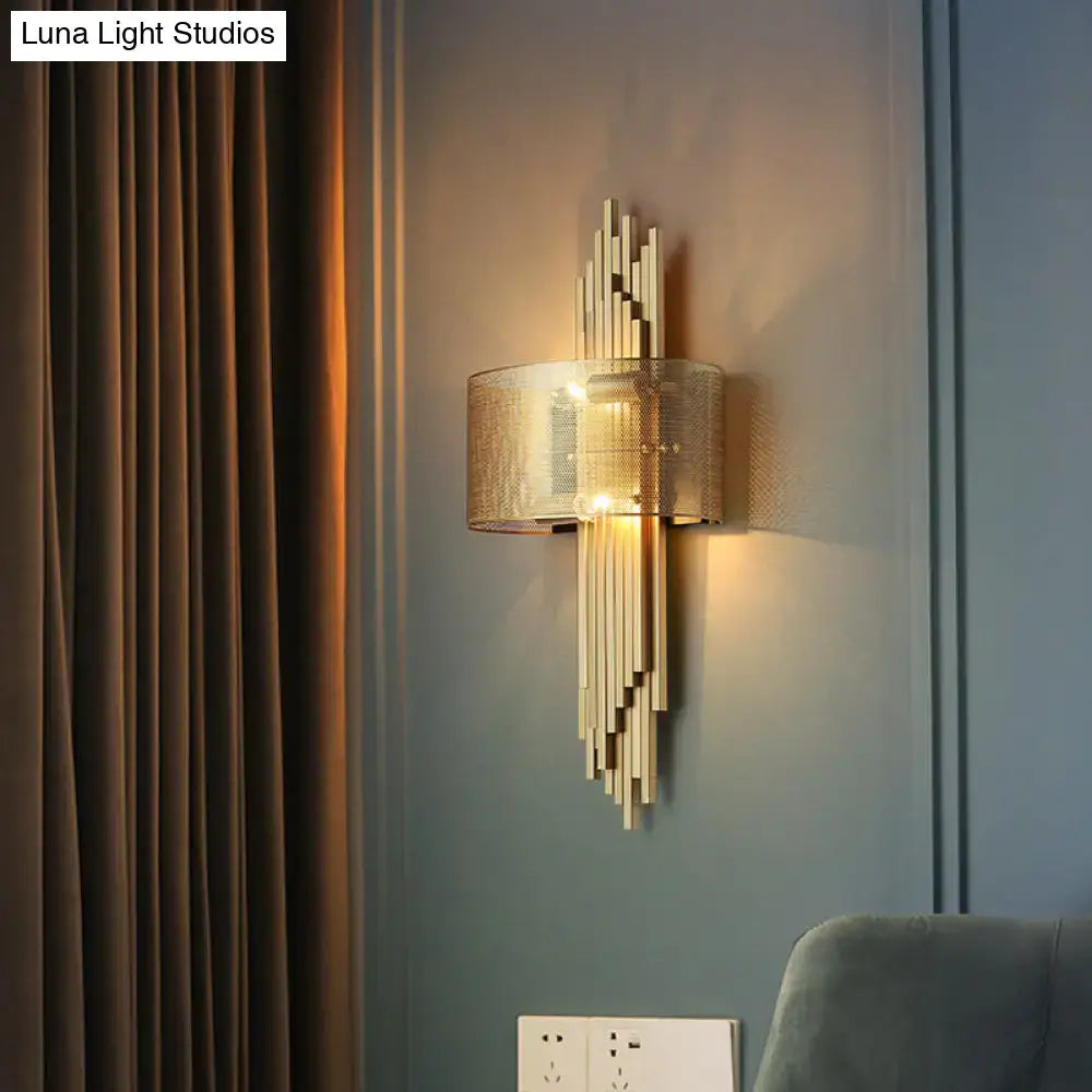 Gold Mesh Dual-Head Sconce Lamp with mesh shade and stacked gold rod backplate on Tampa Home & Garden Store