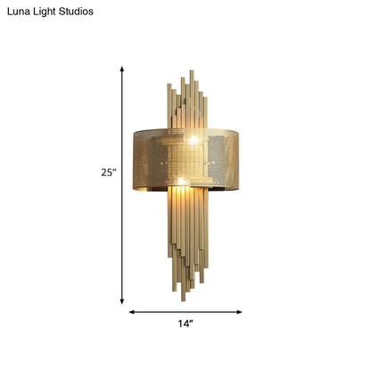 Gold Mesh Dual-Head Sconce Lamp by Decorbites, with drum shade and gold rods on Tampa Home & Garden Store