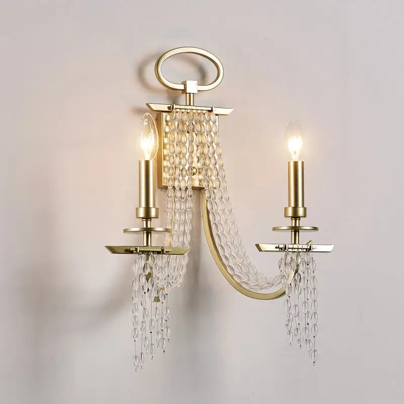 Gold crystal candle sconce with two candle holders and hanging crystal beads Decorbites on Tampa Home & Garden Store