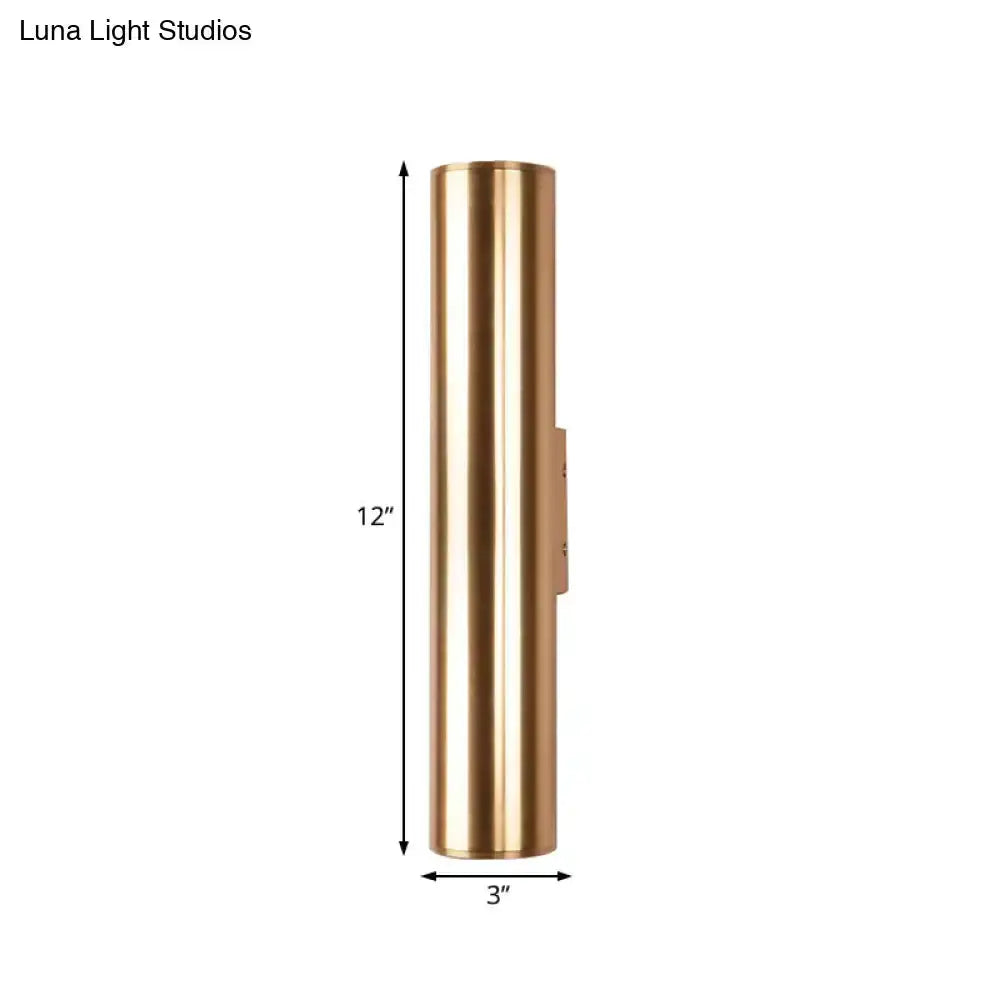 Modern gold metal wall lamp for corridor, cylindrical fixture, 12 in tall, 3 in wide on Tampa Home & Garden Store